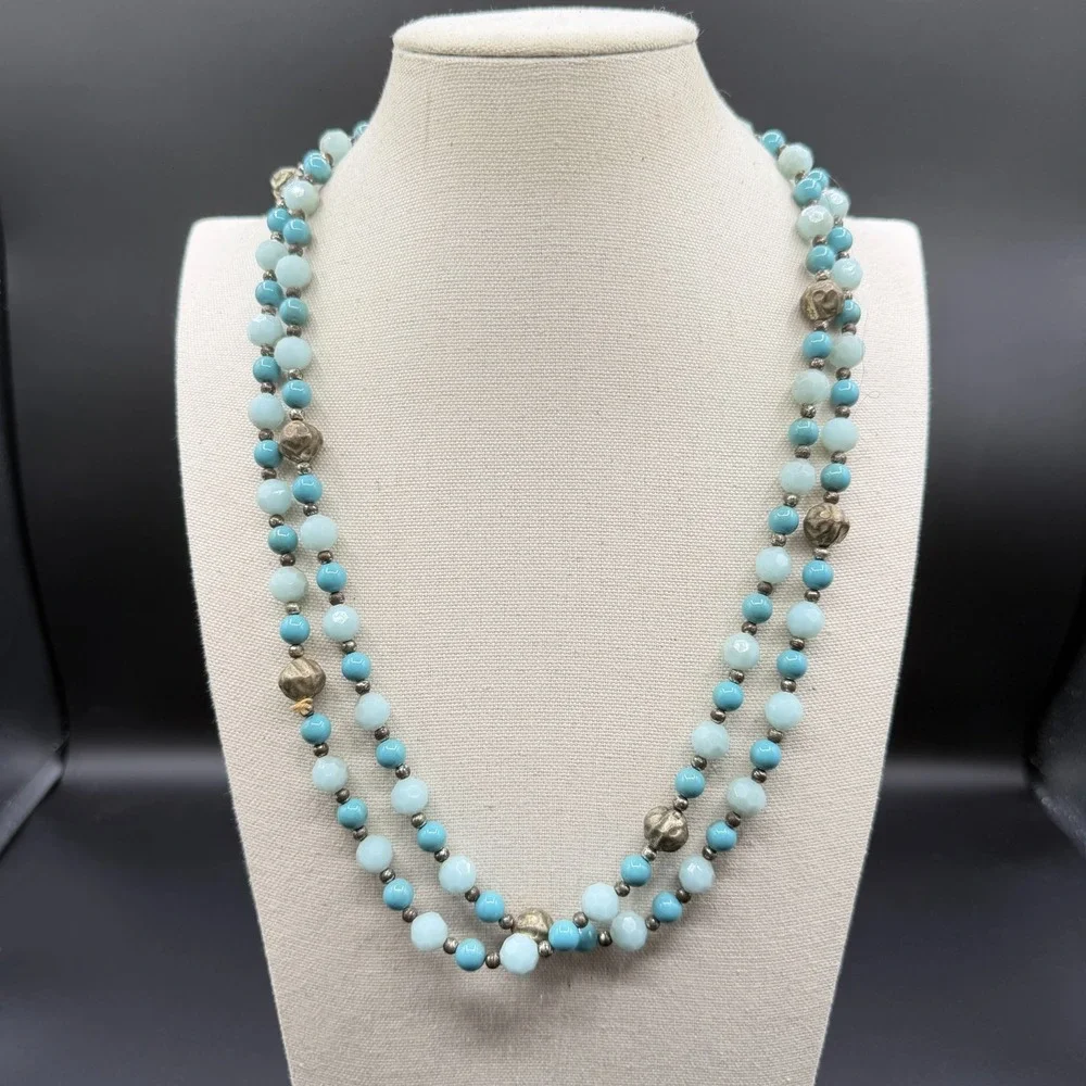 Turquoise & Silver Tone Blue Beaded Double Strand Necklace Faceted Boho Jewelry